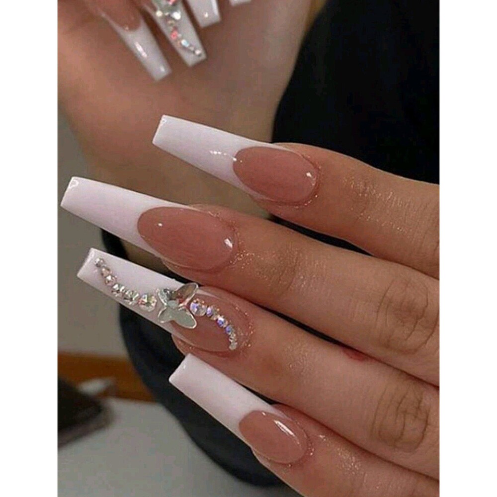 24-Pcs. Extra Long French Butterfly Design Press-On Nails